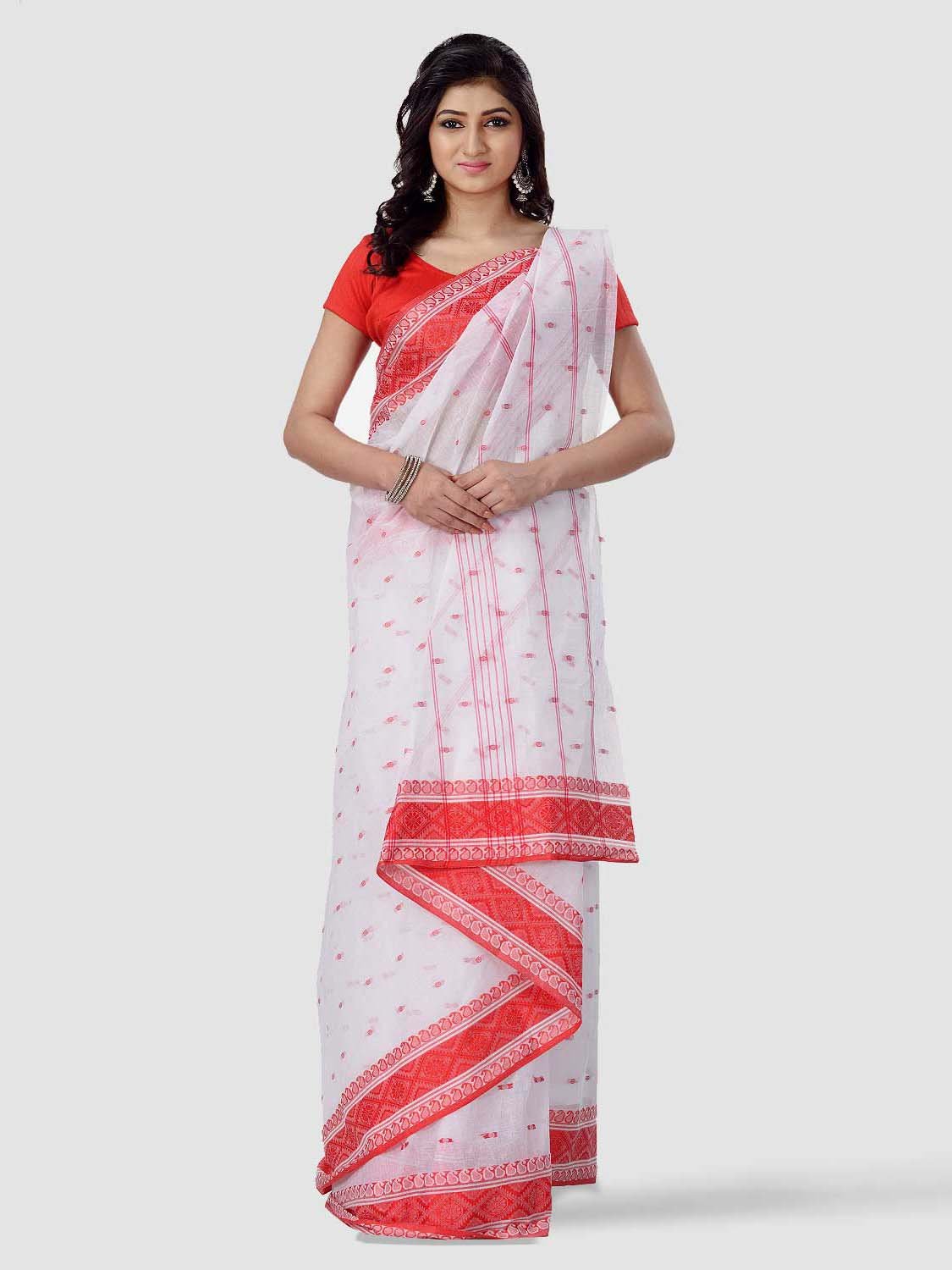 Women`s Santipur Handloom Bengal Tant Saree with Fine Smooth Bengali Cotton Saree Handmade Whole Body Design (Red and White)